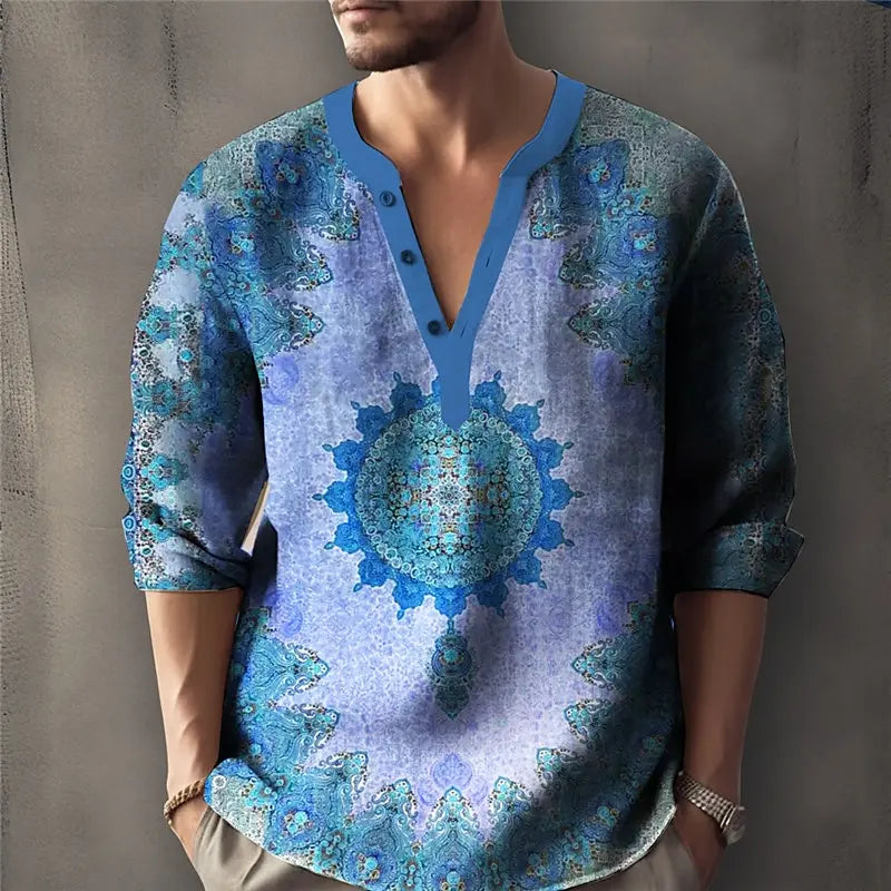 Retro Spring and Autumn New Men's Fashion T-shirt Casual Long Sleeve V-neck Polo Shirt