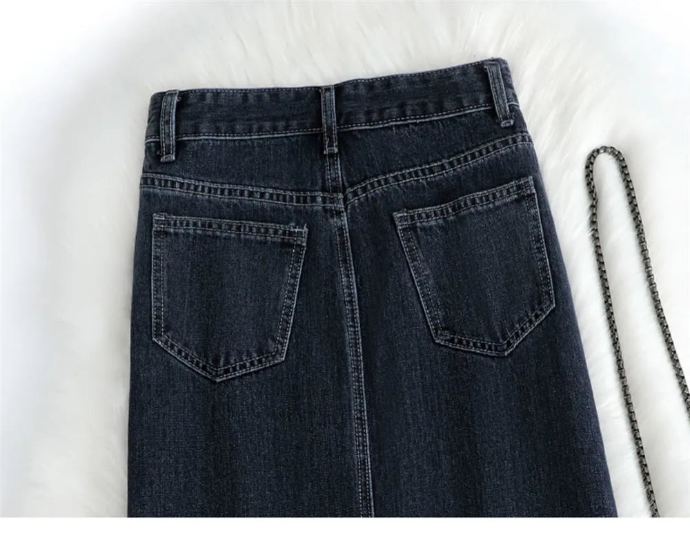 Women Denim Skirt Spring A Line Summer High Waist Loose Split Hem Dark Blue Chic Casual Streetwear Jean Midi Skirt Streetwear