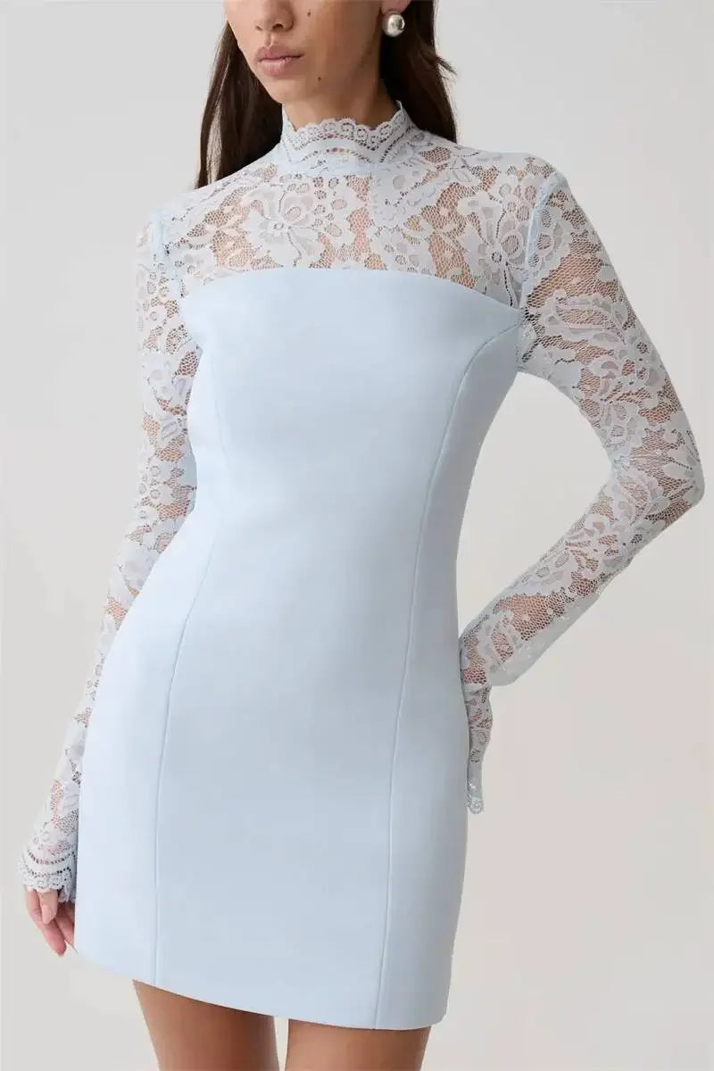 Women Elegant Lace Patchwork Sexy Mini Dress Fashion High Neck Long Flare Sleeve Backless Bodycon Club Party Dresses