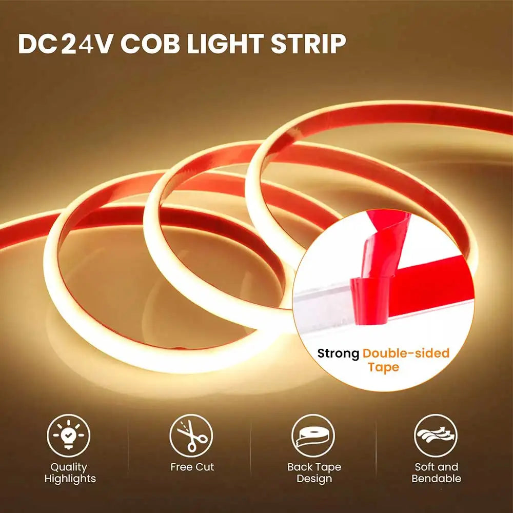 Solar Strip Ligh 24V COB Solar Neon Light Strips Waterproof IP65 Flexible Warm White High Density Linear Lighting COB LED Lights