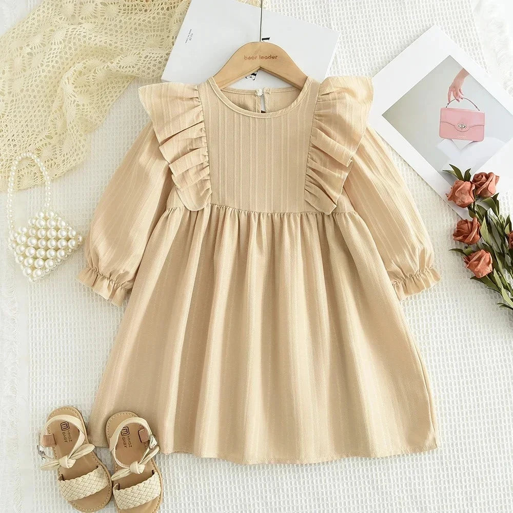 Plain Casual Girls Dress Autumn Long Sleeved Pleated Kids Dresses for Girls Pink Clothes Fashionable New Children's Clothing