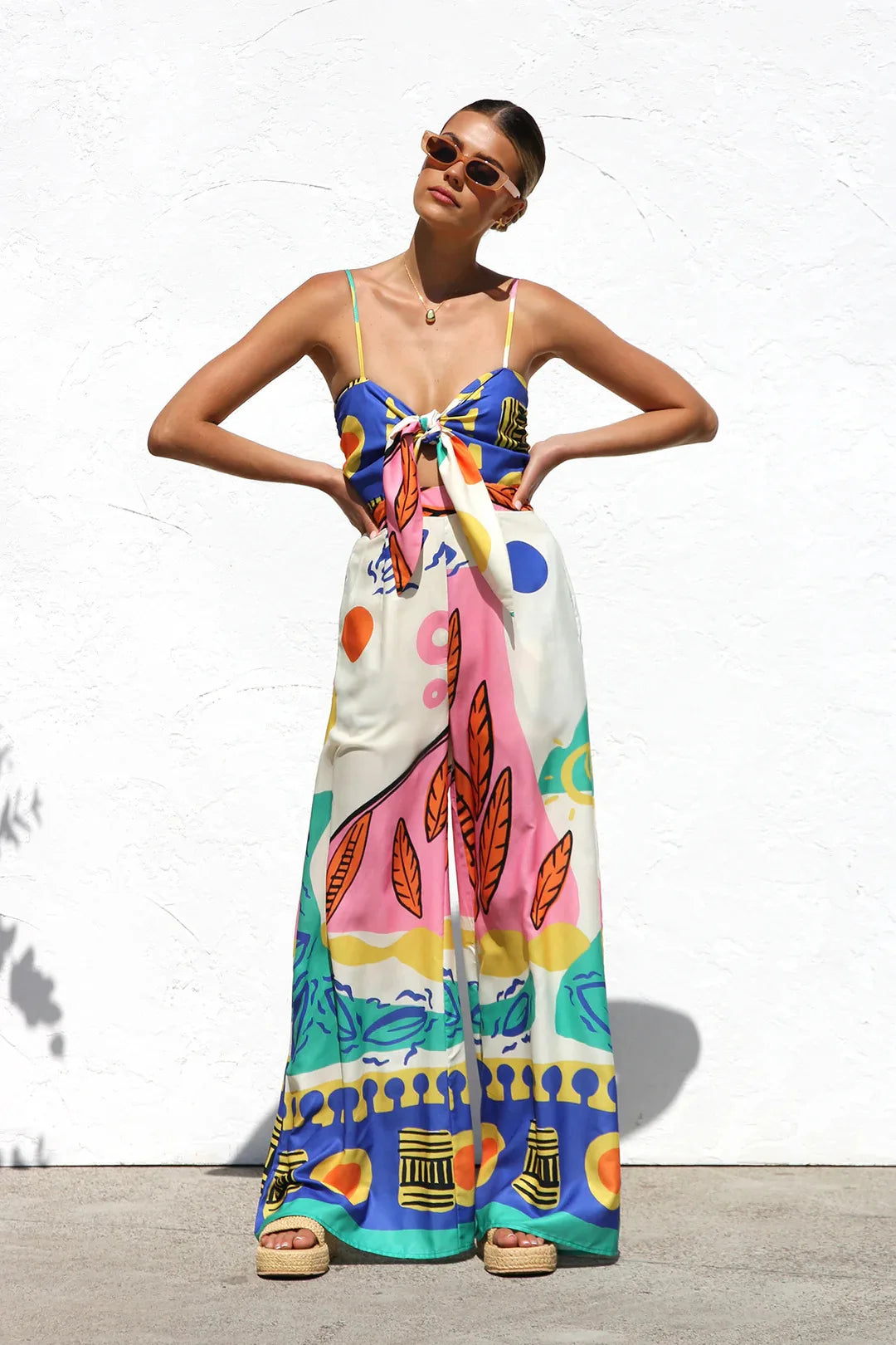 Spring Summer Print Spaghetti Strap Jumpsuits Women Fashion Sexy Hollow Out Leace-up High Waist Wide Legs Jumpsuit Bohemian New