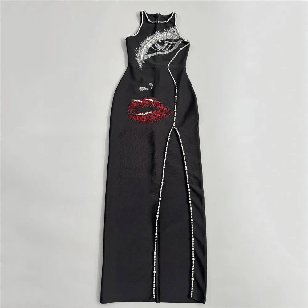 Women Fashion Pearl Bandage Dress Sexy Beading Sleeveless Clothes Celebrity Party Elegant Dresses