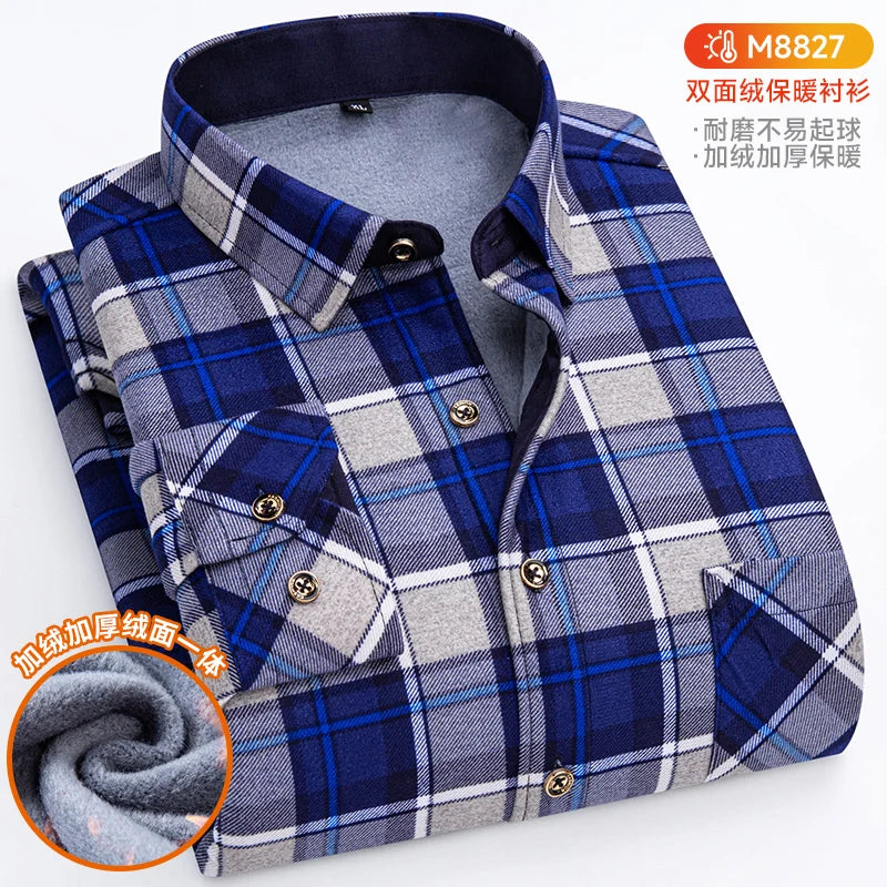 Winter Warm Shirts For Men Regular Fit Thicker Velvet Top Blouse Asia Plus Size Big Plaid Casual Clothing Long Sleeves Shirts
