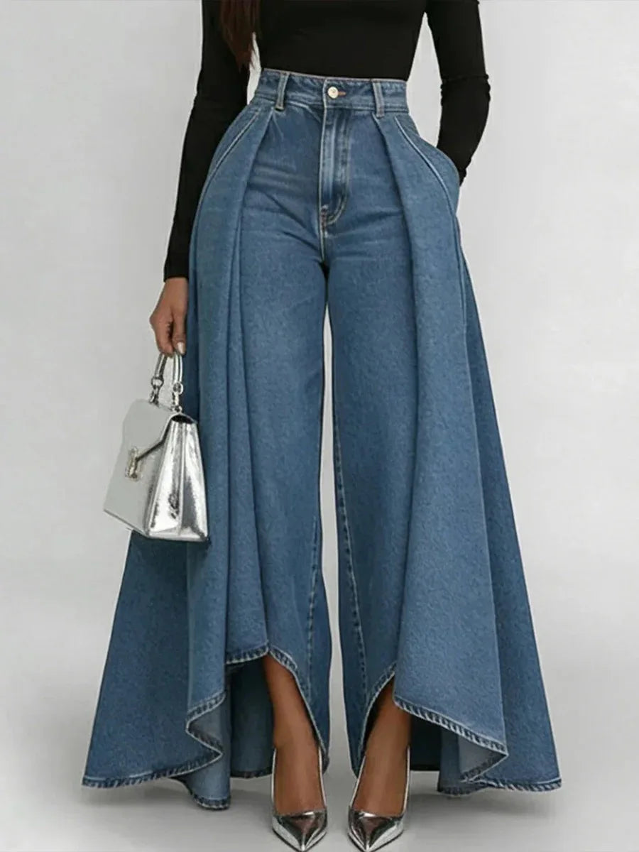 Fashion High Rise Denim Culottes Jeans Side Drape Oversized Wide Leg Pants Loose Fit Casual Trousers Streetwear