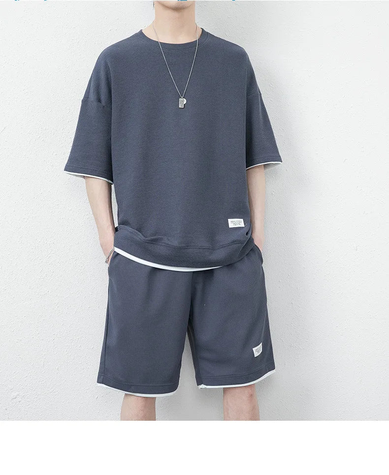Summer Solid Waffle Tracksuits 2026 Men's Short Sleeve Shorts Casual Two Piece Sets Loose Breathable Men Clothes Joggers Outfits