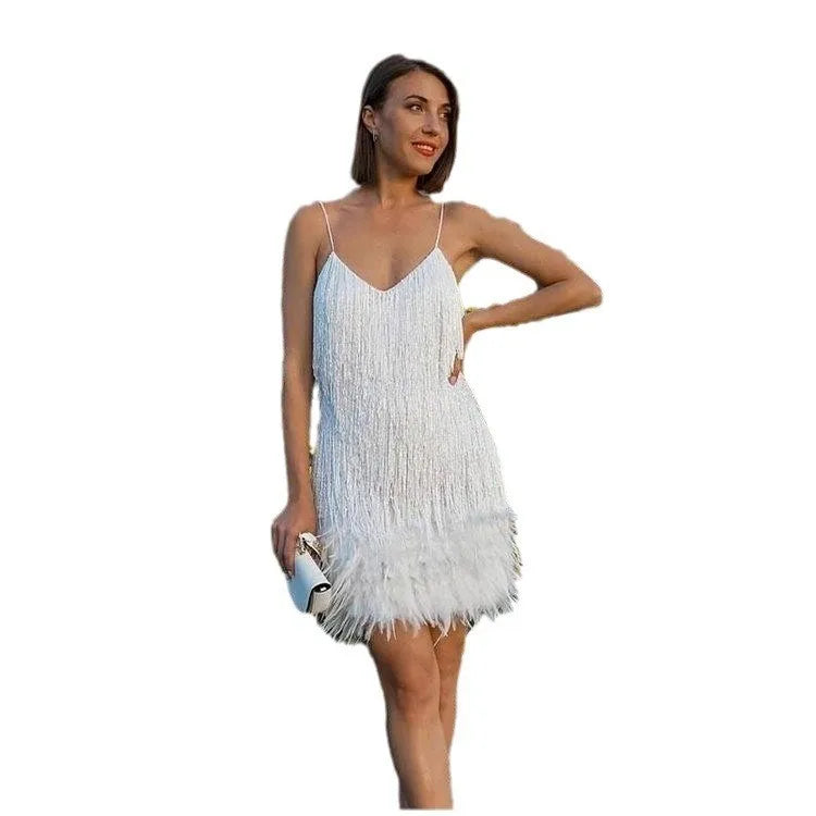 Sequin Fringe Dress Women V Neck Slip Party Gown Feather Trim Birthday Glam