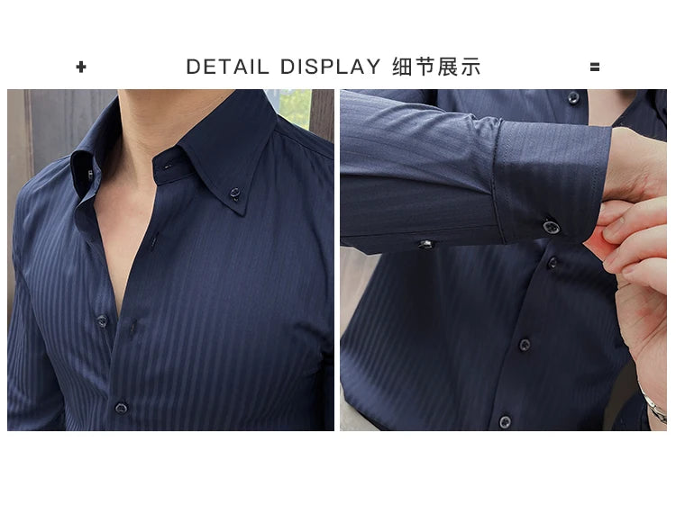 High-quality autumn men's new long-sleeve dark striped slim-fit shirt business casual formal workwear M-4XL