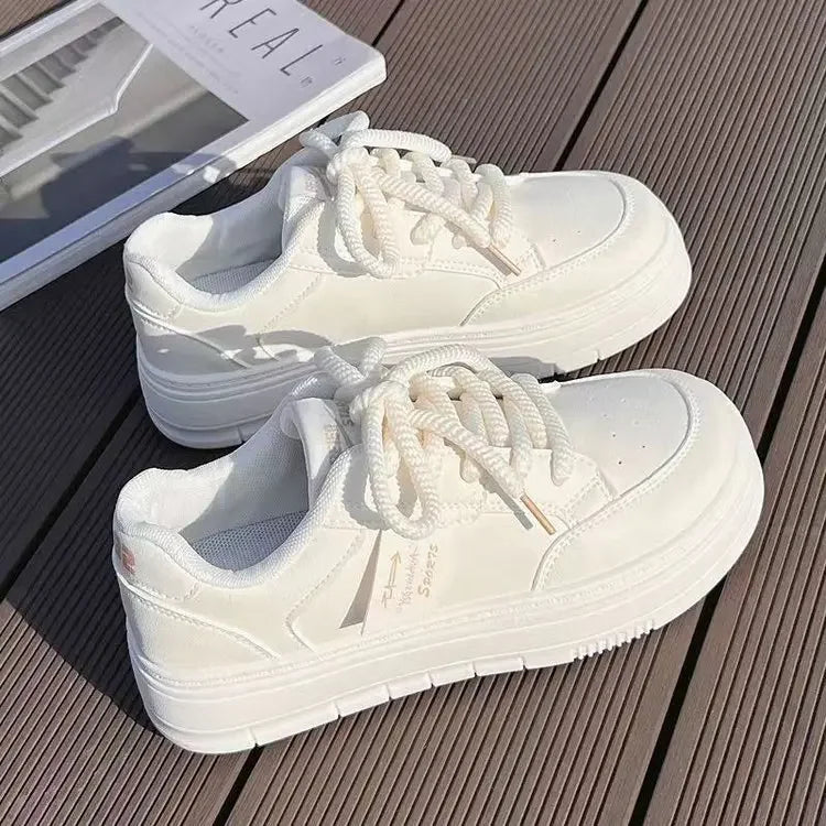 2024 New Women Leather Flat Shoes Autumn Fashion Breathable Vulcanized White Sports Lace Up Thick Soled Casual Shoes for Women