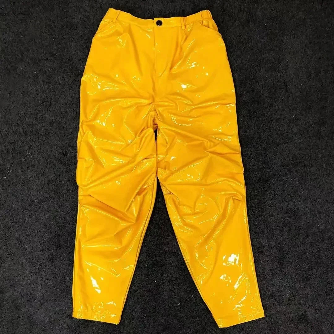 Men Mid Waist Shiny Faux Latex Leather Loose Hiphop Pants With Pocket Male Solid Color Stretch PVC Trousers Clubwear New Custom