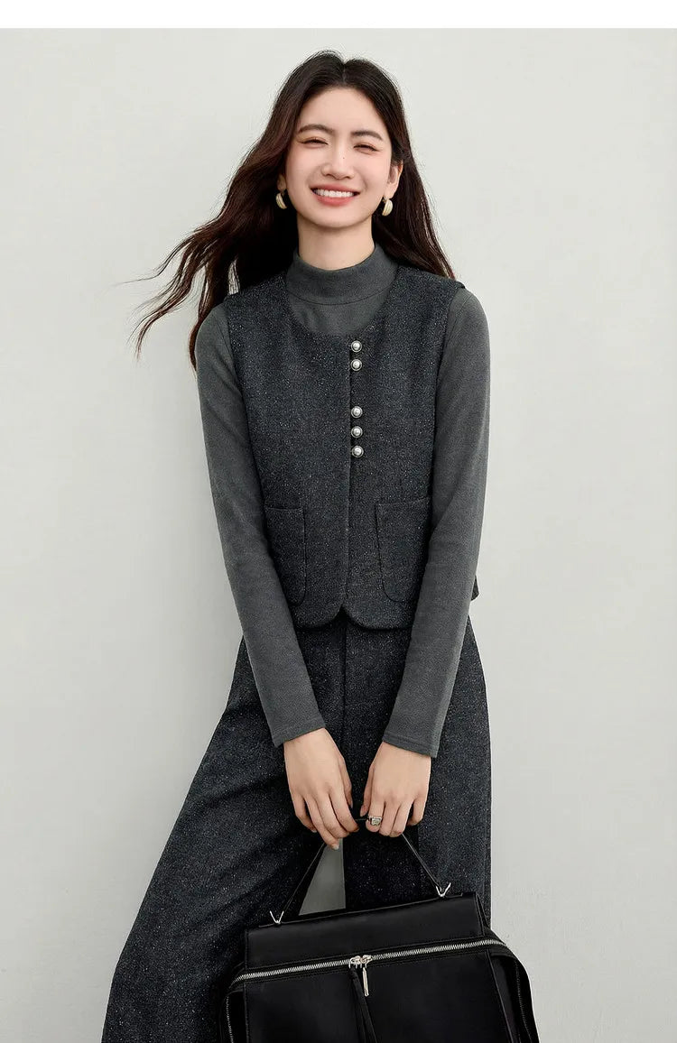 SENTUBILA Women's 2 Piece Pants Set 2026 New O Neck Waistcoat Straight Pant Winter Office Lady Wool Blend Female Suit 154ZA6093