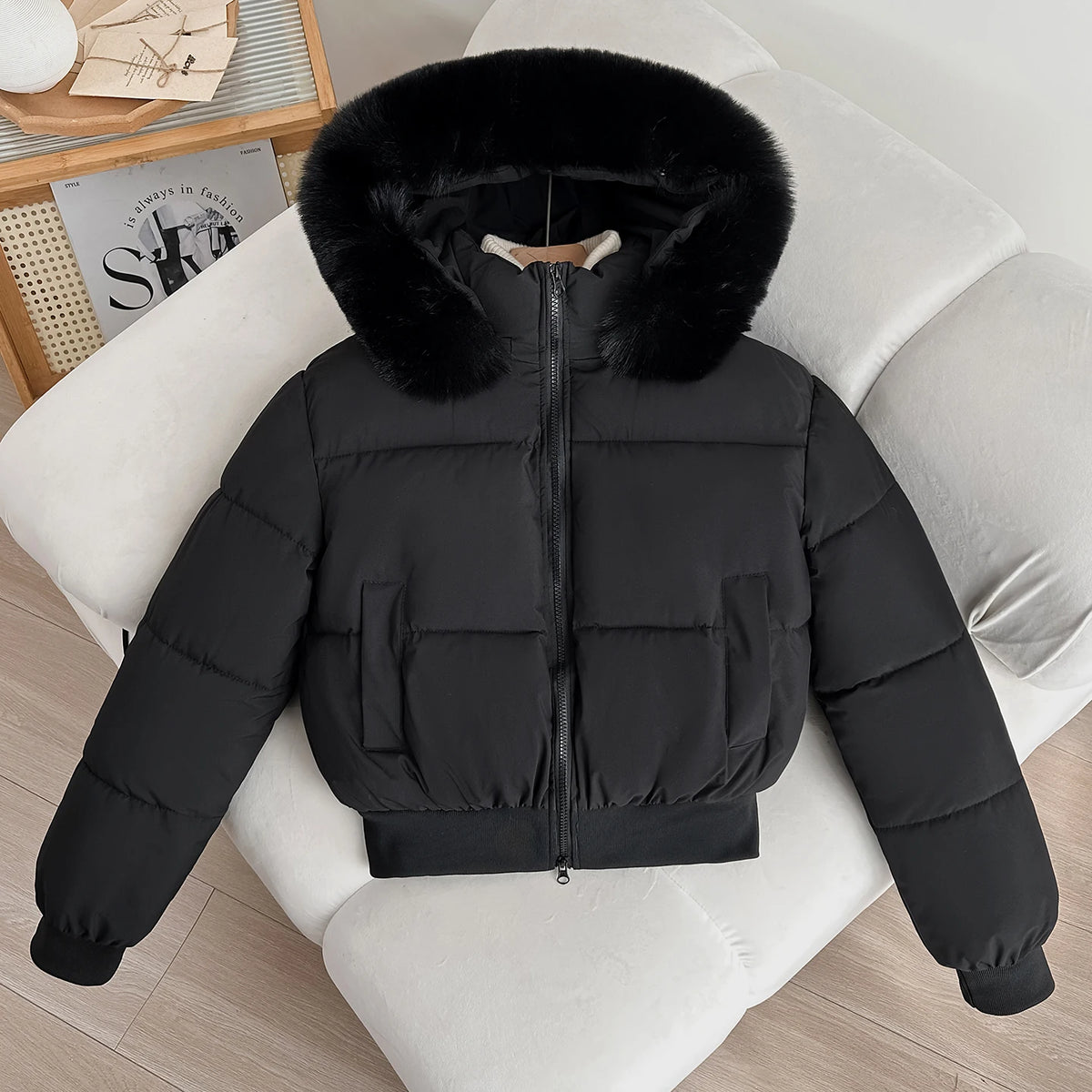 Women's Short Thickened Winter Cotton Jacket Quilted Coat Fur Collar American Retro Style Warm Casual Fashion Regular Fit