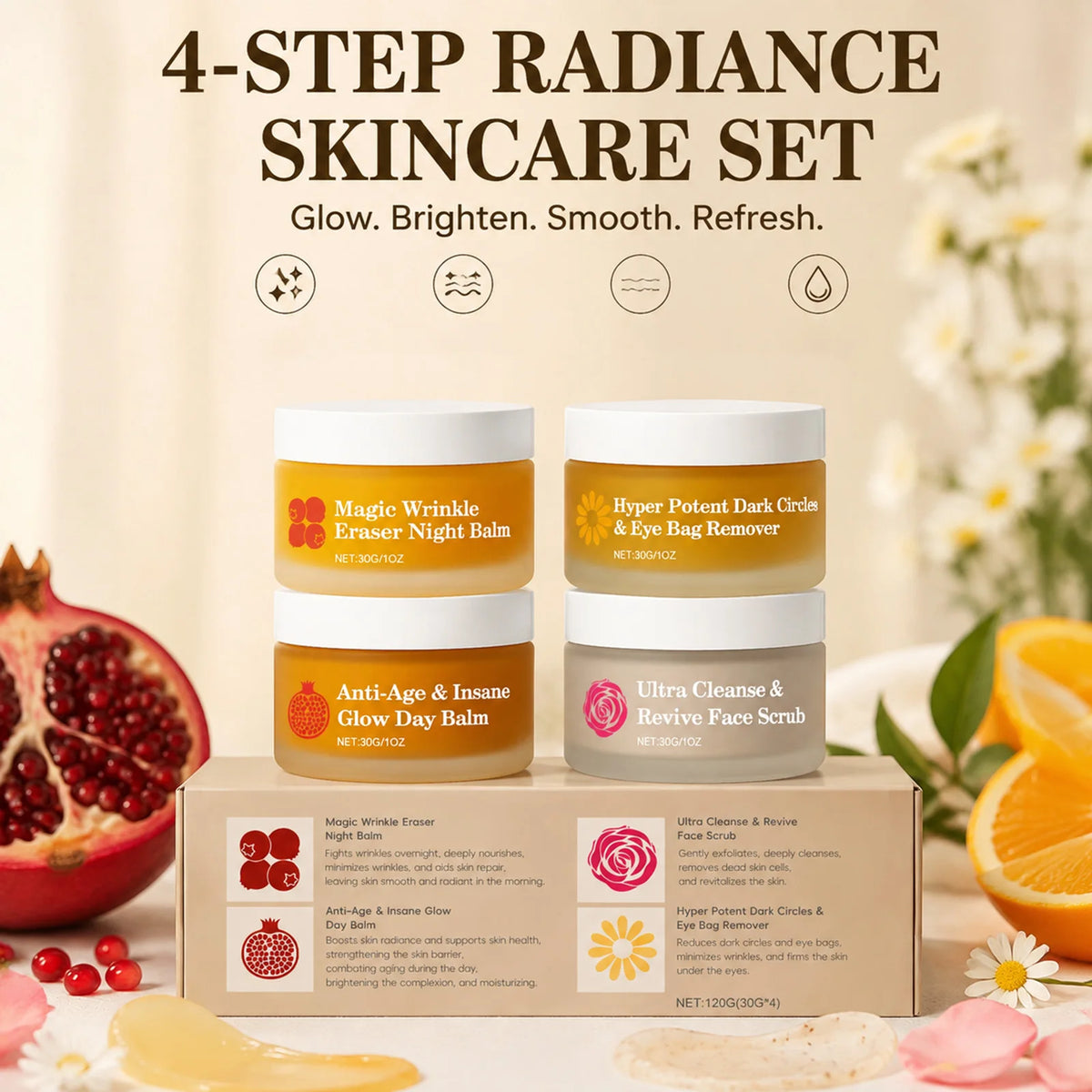 4in1 Day Night Facial Cream Set for Day Balm Night Balm Eye Cream Face Scrub Dull Rough Skin Travel Skincare Kit