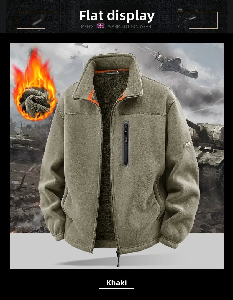 Winter Thickened Windproof Stand Collar Zipper Jacket for Men Casual Outdoor Fleece-Lined Coat Embroidered Men's Warm Jackets