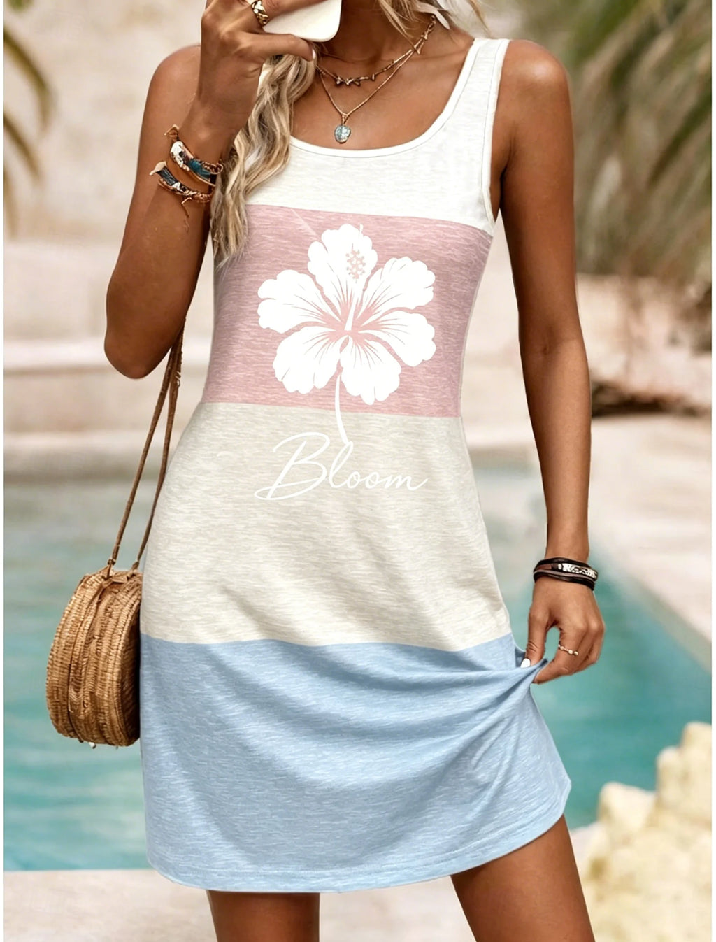 Women's U-Neck Color Block Monstera Breathe Print Sleeveless Casual Tank Dress Beach Vacation Mini Dress for Spring Summer