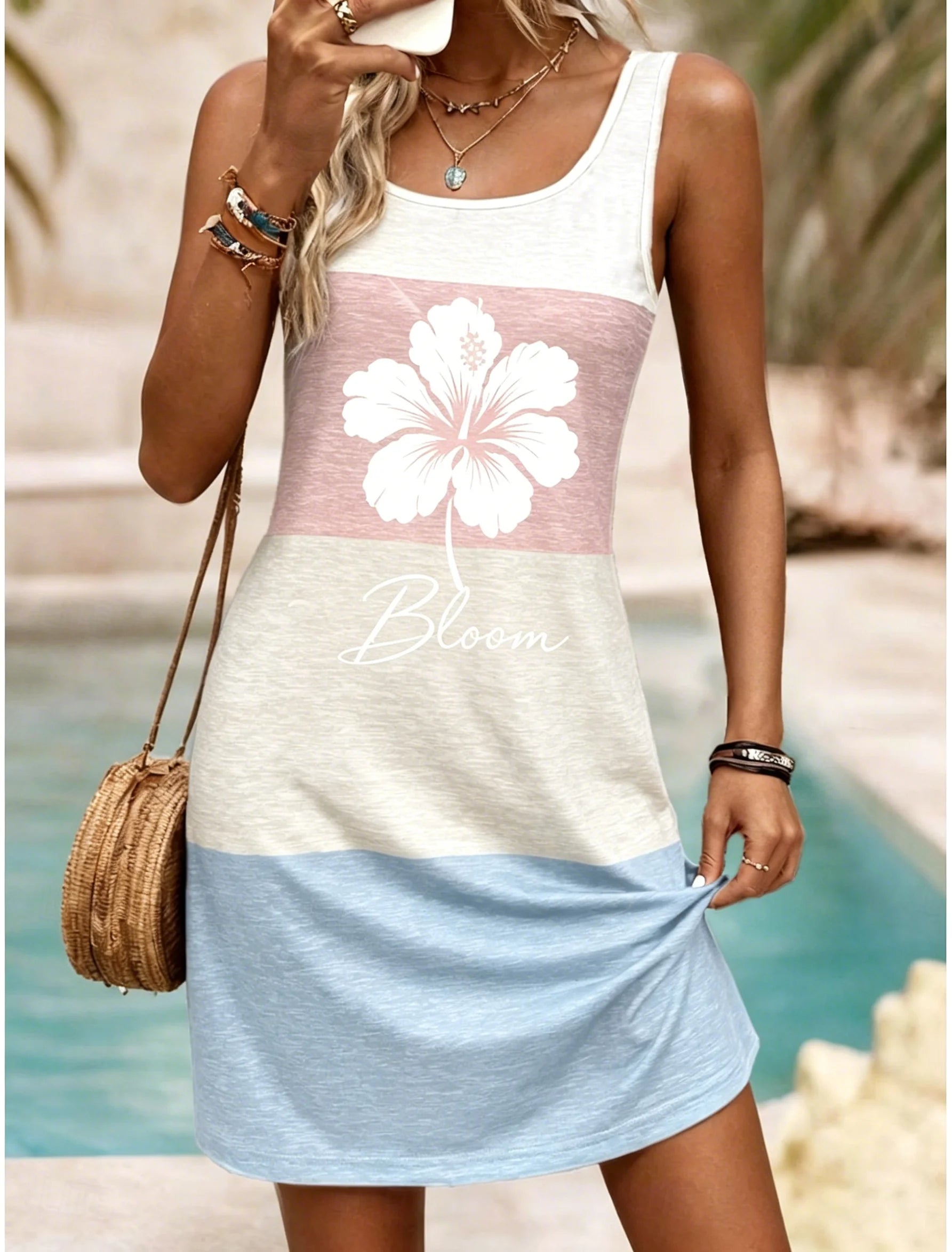 Women's U-Neck Color Block Monstera Breathe Print Sleeveless Casual Tank Dress Beach Vacation Mini Dress for Spring Summer
