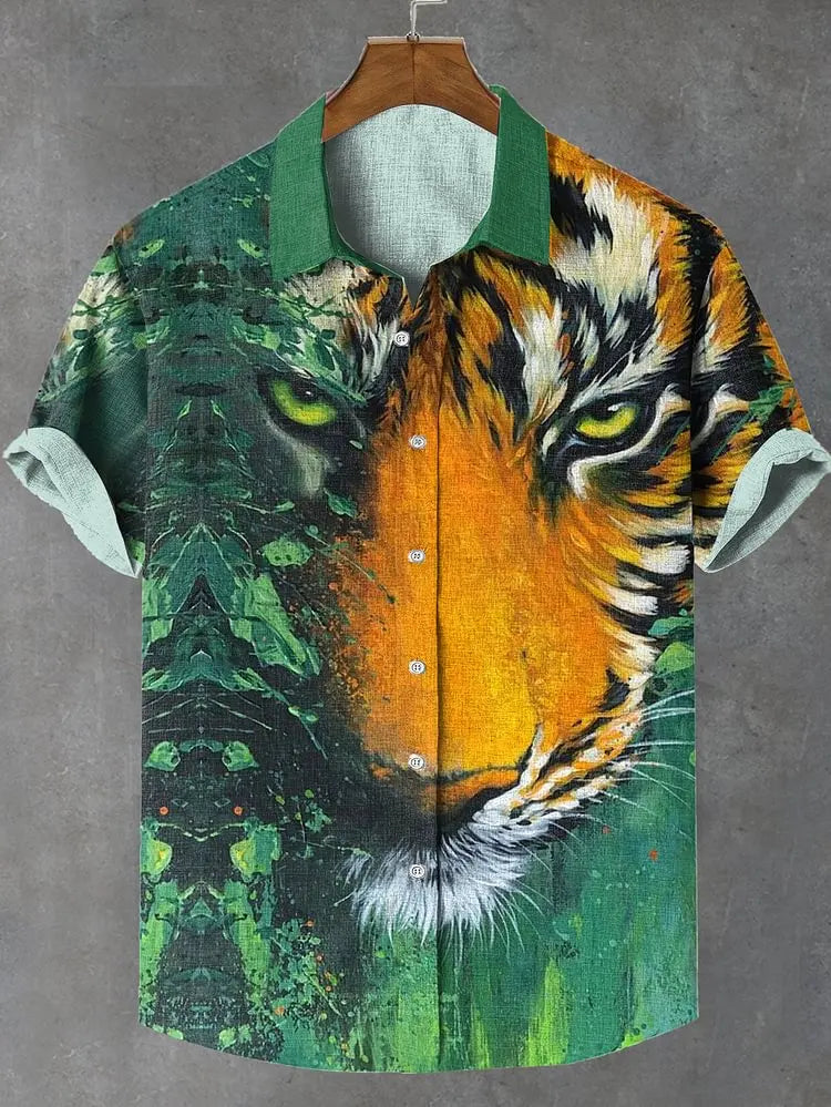 Men's new retro linen short sleeved shirt with giant monster pattern printed casual and comfortable button top