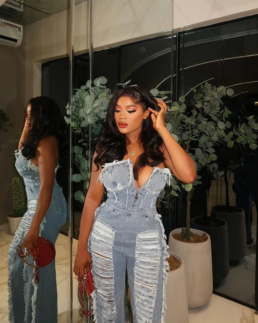 Tassel Hollow Out Overalls For Women Studded Diamond Strapless Backless Jeans Street Fashion Trend Jumpsuite Femme