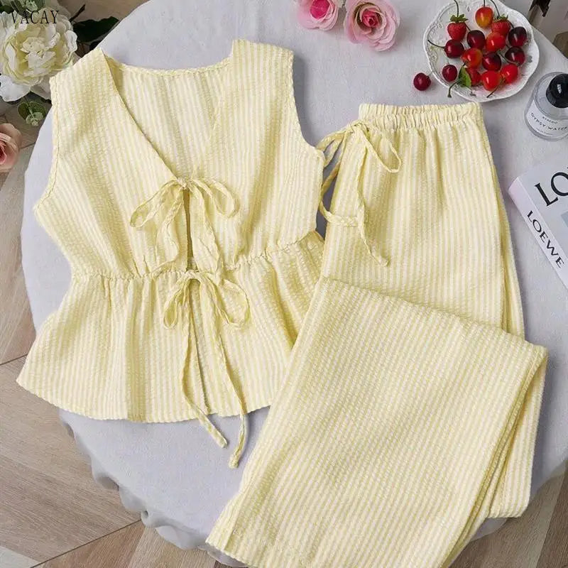 Vacay Pure Color Stripe Loose Summer Set Casual Versatile Holiday Outfit Women's Fashion Set Long Pants Sleeveless European S...