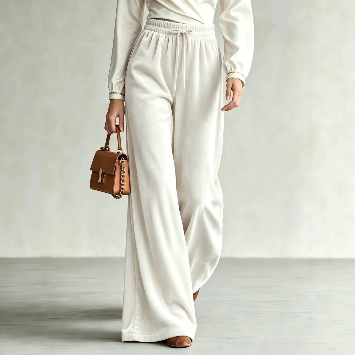 New Winter Women's Velvet Wide-leg Pants Drawstring High-waisted Pants Trousers