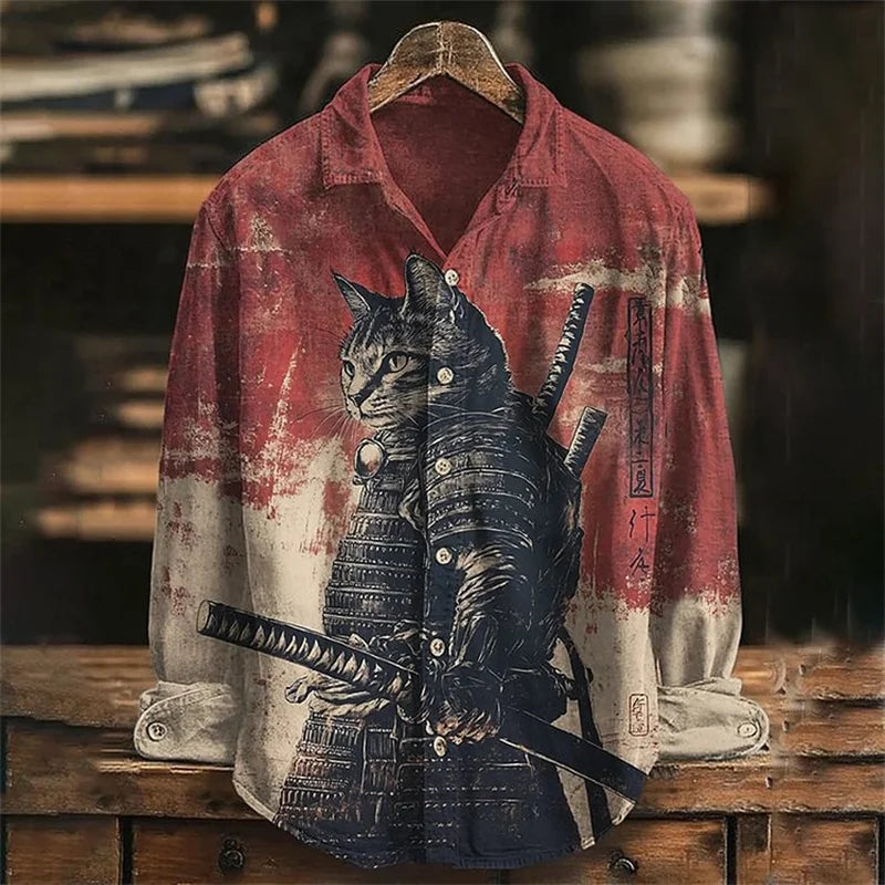 New Men's Long Sleeve Shirt Animal Cat 3D Printed Hawaiian Lapel Top Casual Comfortable Men's Shirt Top