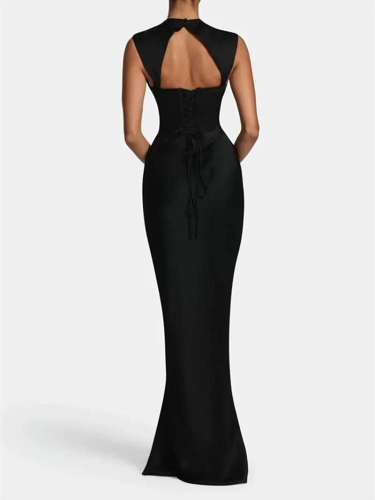 Women Fashion Solid Pleated Halter Dress Waist-cinching Sleeveless Backless Split Maxi Dresses 2026 Sexy Summer Lady Party Gowns