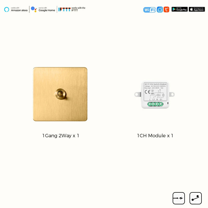 Avoir Tuya Smart Life Home Control Mini Wifi Module Wireless Gold Light Switches 1-4 Gang 2 Way Alexa Rocker Toggle Switch 220V