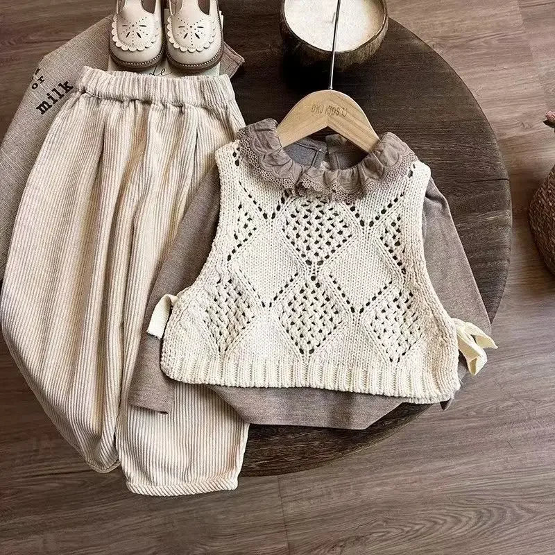 Childrens Clothing Set 2026 New Childrens Yarn Vest Base Shirt Baby Spring and Autumn Pants Three Piece Set