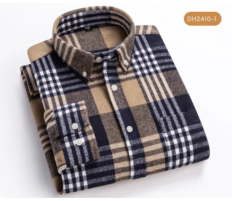Men's Long Sleeve Flannel Plaid Shirt - Soft Pure Cotton, Button Down Shirts Thick Autumn Winter - Weekend Casual, Going Out