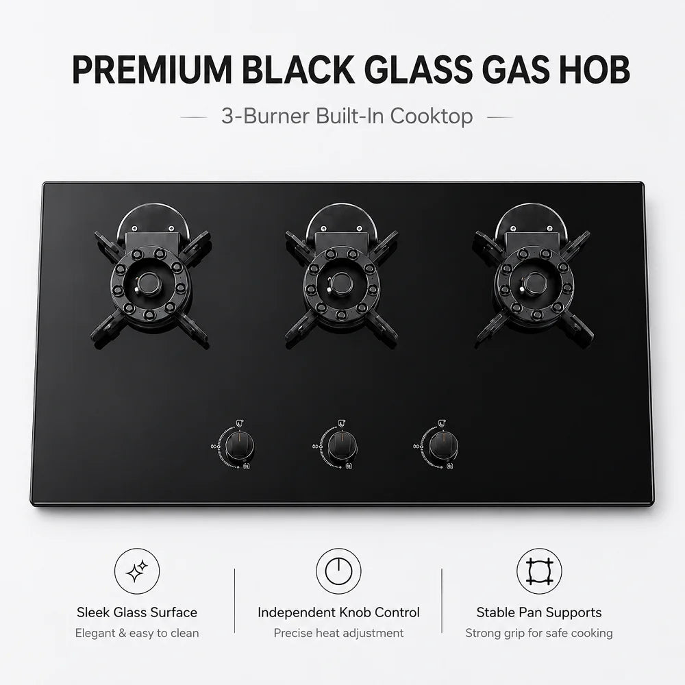Triple Burner Gas Cooktop, Tempered Glass Surface, Rotary Knob Control, Kitchen Gas Cooker for Africa Market