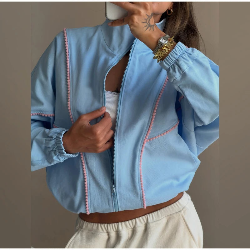 Polka Dot Cropped Windbreaker Jacket, Contrast Pink Seam Piping Side Pockets Loose Outerwear 2026 Autumn Street Daily Lady Coat