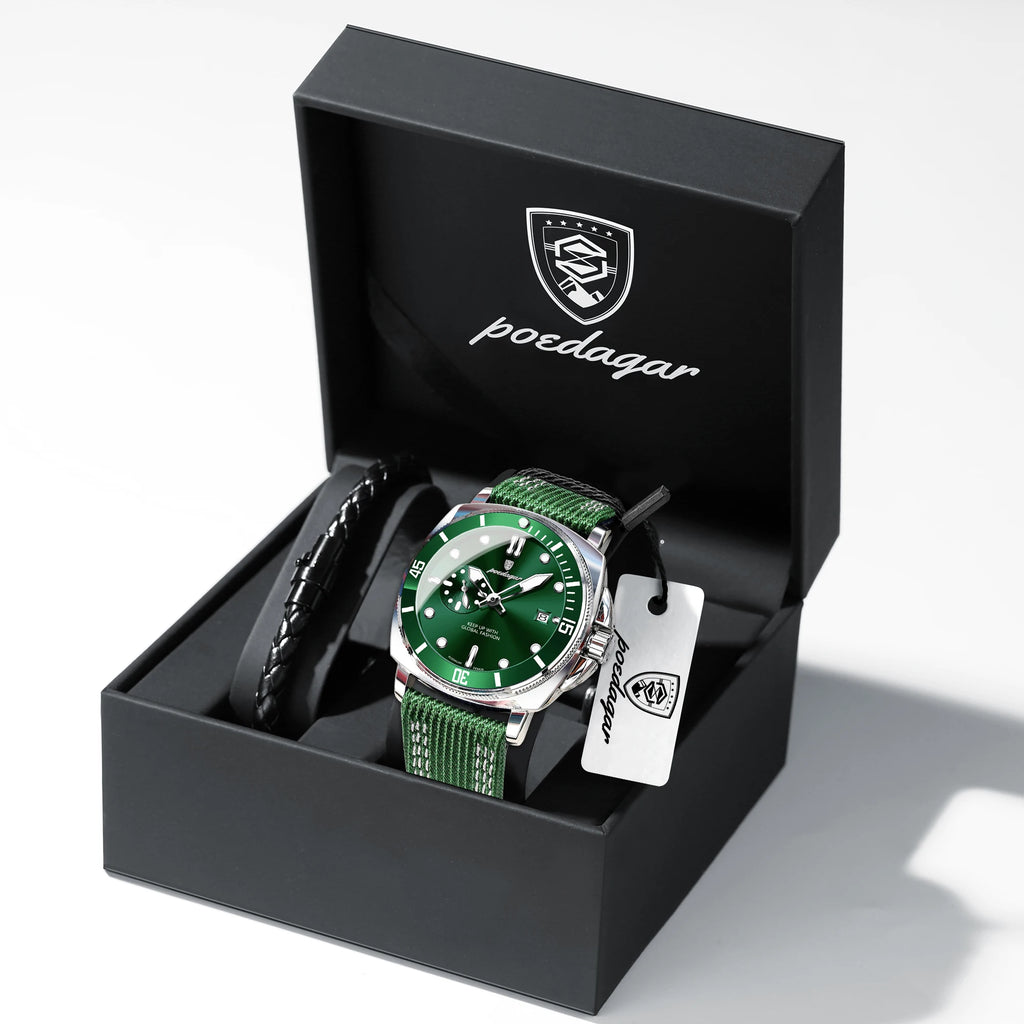 POEDAGAR Sport Military Men Clock Waterproof Luminous Date Top Luxury Watch For Man Nylon Leather Quartz Men's Watches Reloj+Box