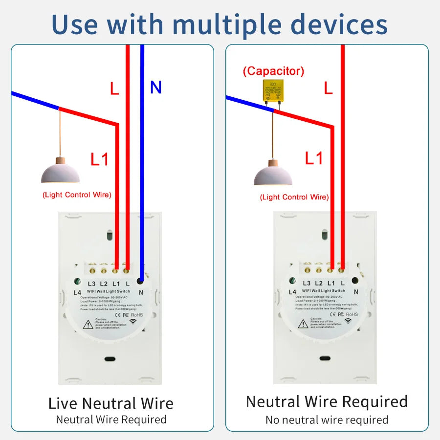 Wifi+Bluetooth Touch Light Switch No Neutral Wire &Neutral Wire US Touch Panel Wall Switches Works with Tuya Smart Life App