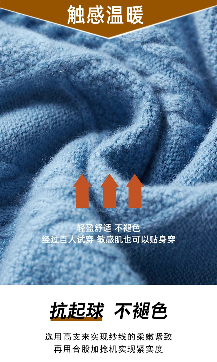 2025 Winter Turtleneck 100% Merino Wool Knitted Sweater Men's Lapel Jacquard Thicken Pullovers Fashion Loose High-End Base Shirt