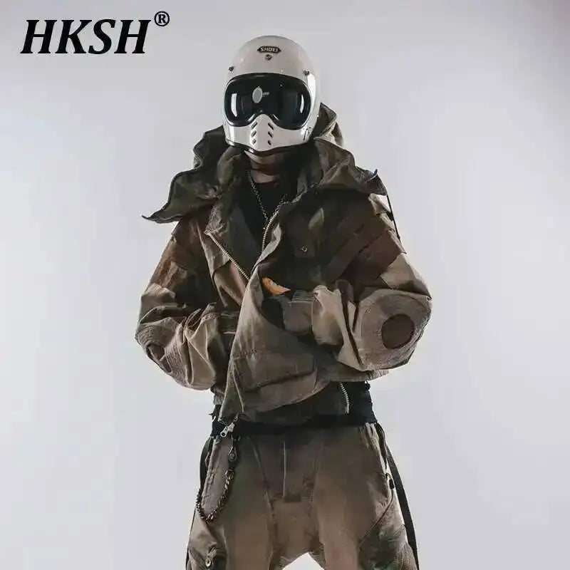 HKSH Autumn New Men's Hooded Distressed Patchwork Folded Waste Land Tactical Punk Techwear Shoulder Batwing Sleeve Jacket HK2392