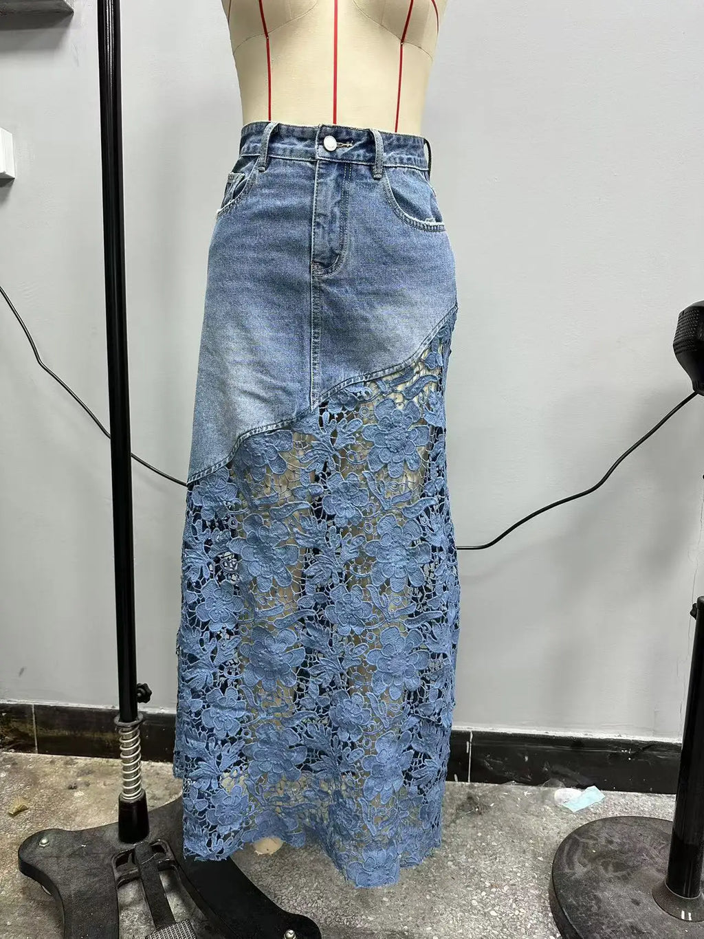 Washed Denim Lace Trim Pencil Skirt Long Bodycon Skirts Spring Summer