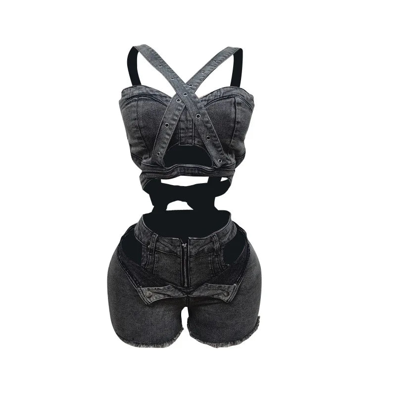 2 Piece Sets Women Denim Shorts Suit Sexy Vest Top Strap Backless Jeans Short Pants Pockets Outfits 2025 Streetwear Ensemble