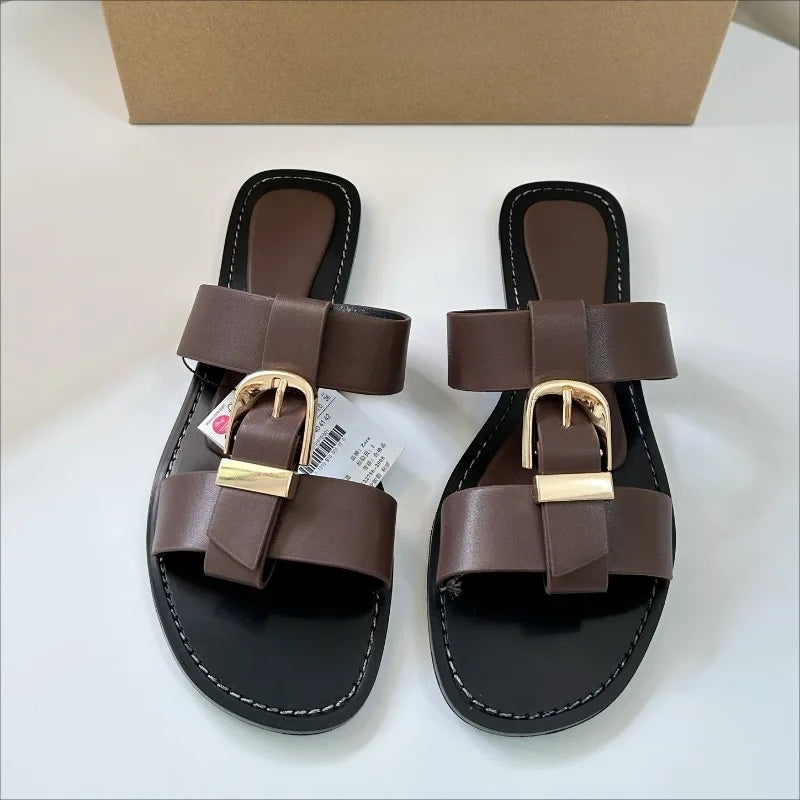 Summer Women Flat Slippers Sandals Fashion Metal Buckle Strap Open Toe Casual Beach Roman Shoes Ladies Zapatos De Muje