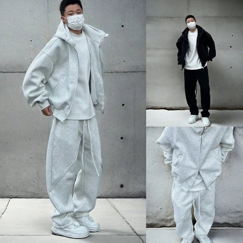 Autumn Winter Men's Casual Hoodie Sports Set Korean Fashion Loose Zip Up Hooded Sweatshirt and Sports Pants Two-piece Set