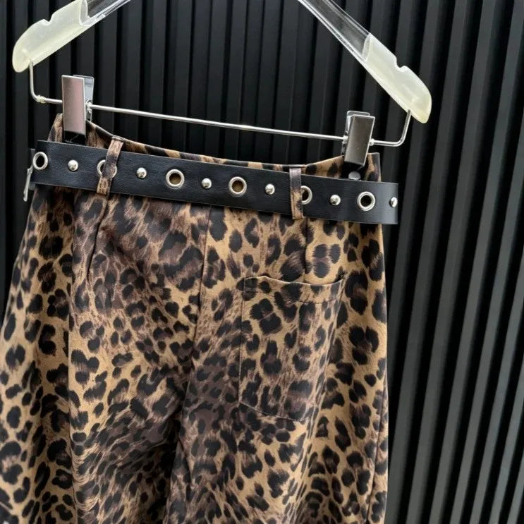 Wide Leg Leopard Print Pants Full Length Ins Style with Streetwear No Stretch Regular Thickness Belt Mid Waist Women Pants