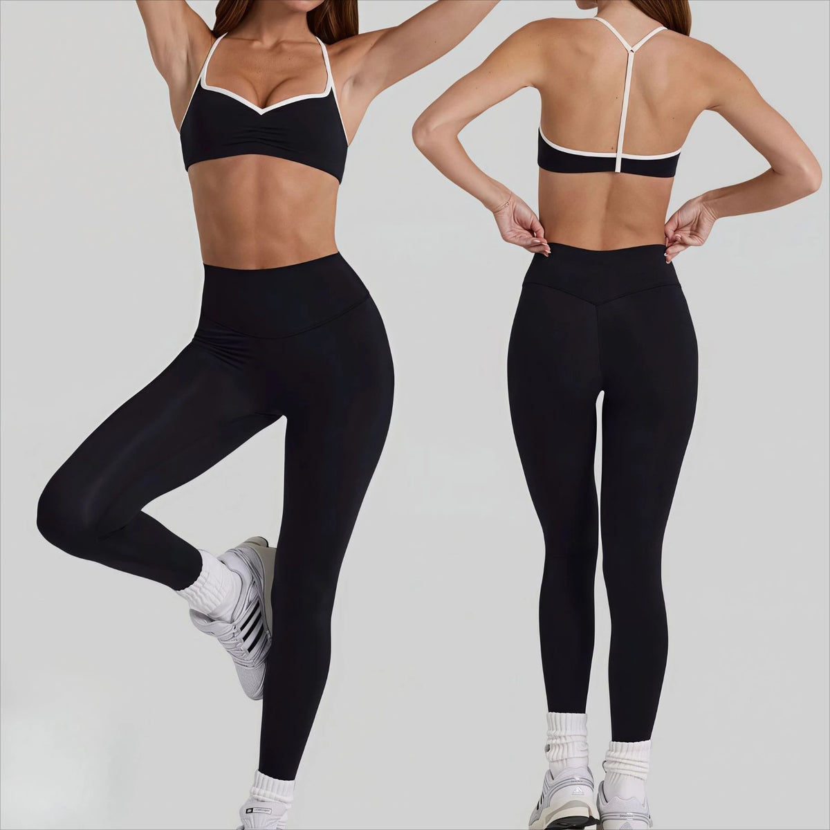 Women 2 Piece Yoga Set Ruched Front T Back Sports Bra High Waist Leggings Soft Stretchy Nude Fabric Gym Running Workout Outfit