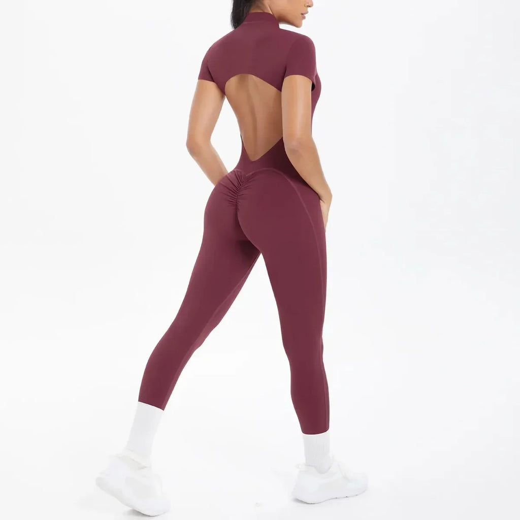 Women's Seamless Yoga Jumpsuits Sports Fitness Zipper Open Back Breathable One-Piece Bodysuits for Gym Running Fitness Workout