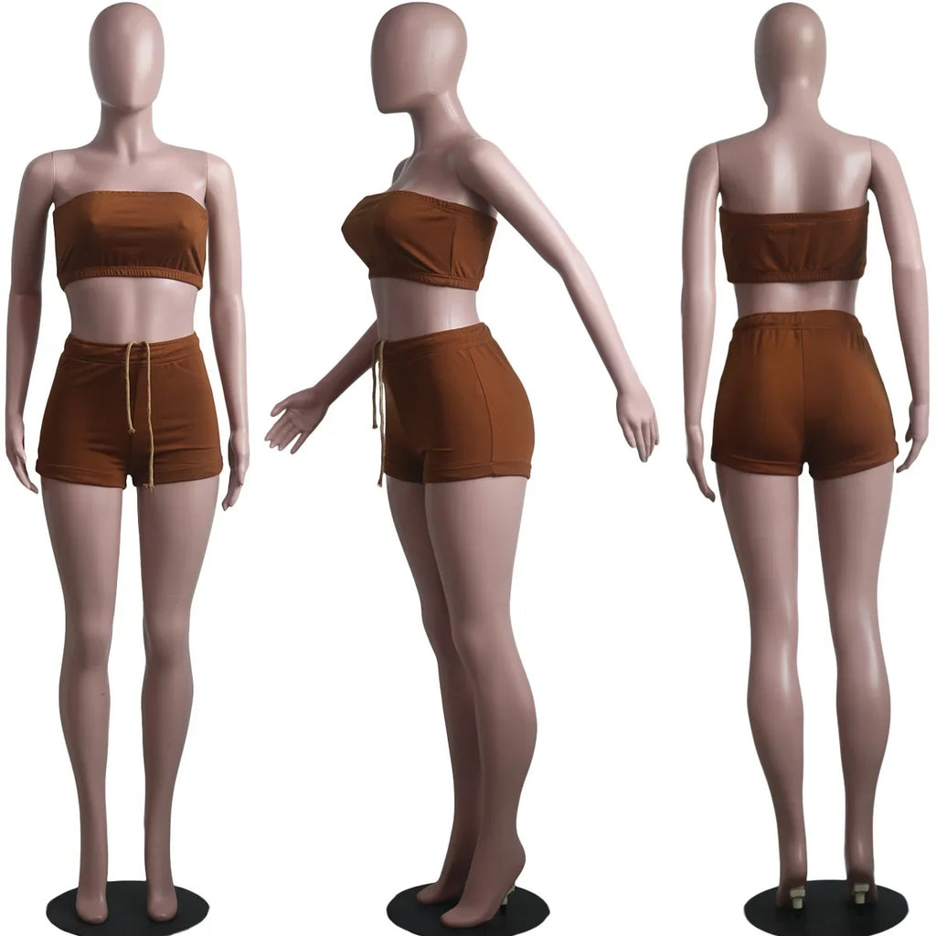 Thin Summer New Solid Color Lace Up Tracksuits Women Sleeveless Backless Tube And Shorts Two Piece Sets Casual 2pcs Outfits