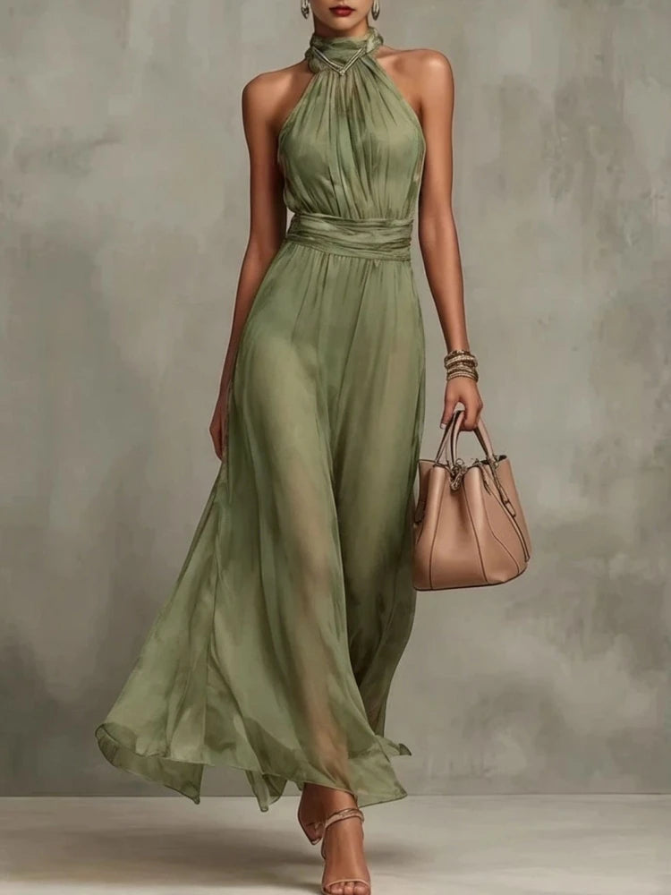 Elegant Chiffon Dress 2026 Fashion New Women Solid Halter Maxi Dress Sleeveless High Neck Ruched Waist Evening Party Dress