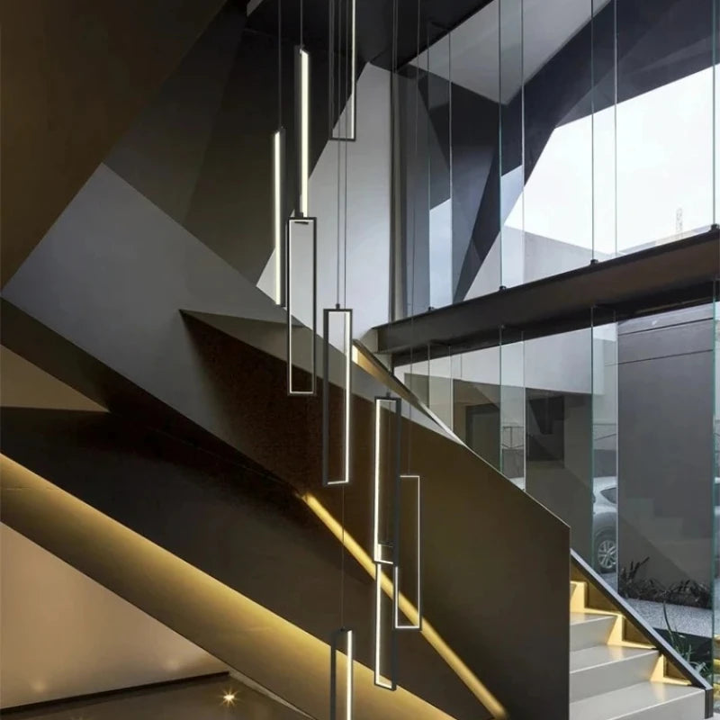 Modern Simple Staircase LED Chandeliers Aluminum Squarer Pendant Lights Loft Villa Duplex Exhibition Hall Decor Lighting Fixture