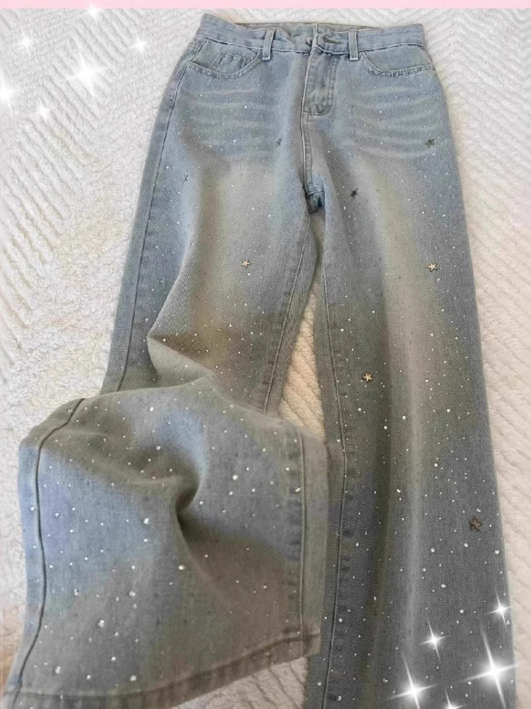 Spring Autumn Women Light-colored Stars Rhinestone Shiny Slim Wide-leg Baggy Jeans Fashion Joker Straight Pants Female Clothing