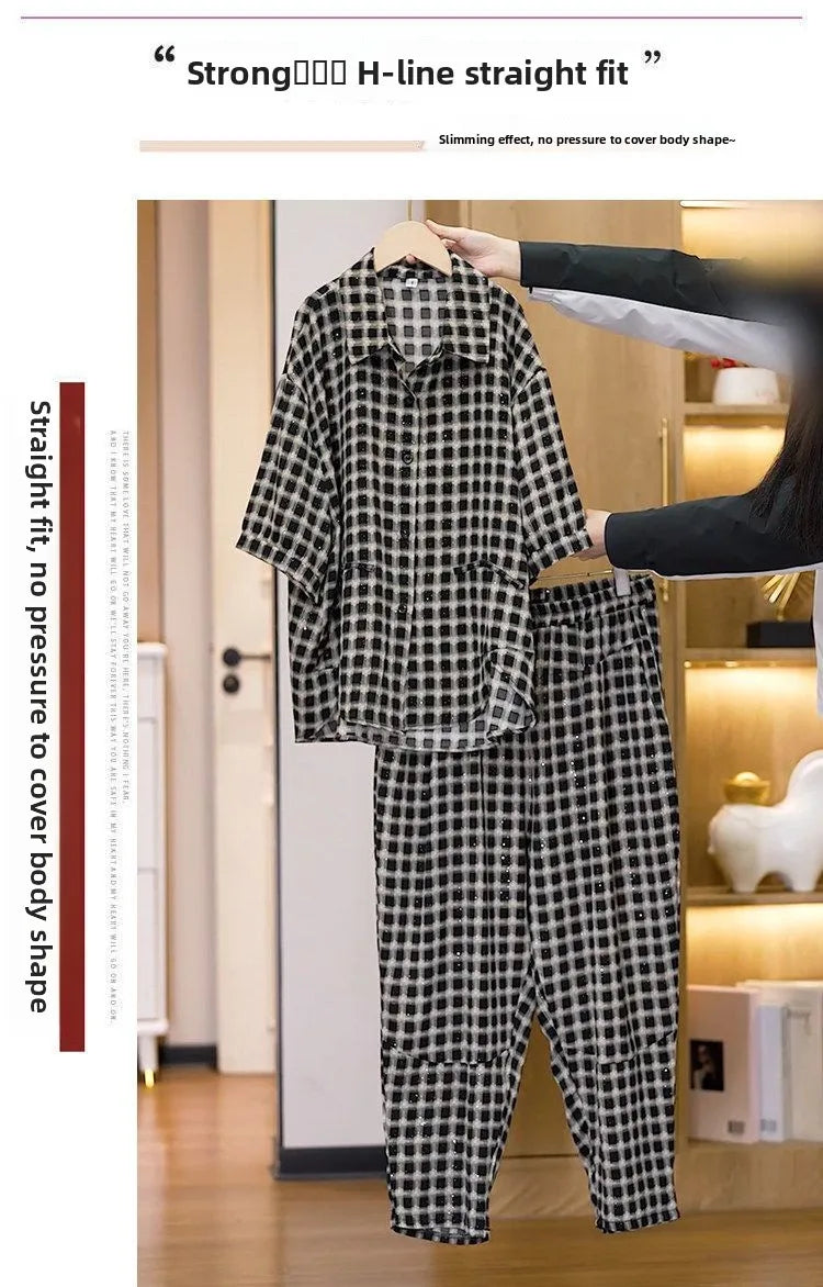 plus Size Casual Plaid Short Sleeve Women's Set Summer New Fashion Loose Shirt Two Piece Set High Waist Long Pants