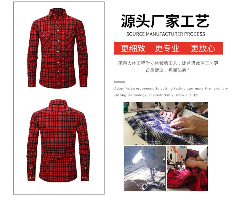 Men's long sleeve shirt ground wool plaid comfortable casual spring summer autumn high quality slim-fit free ironing fast