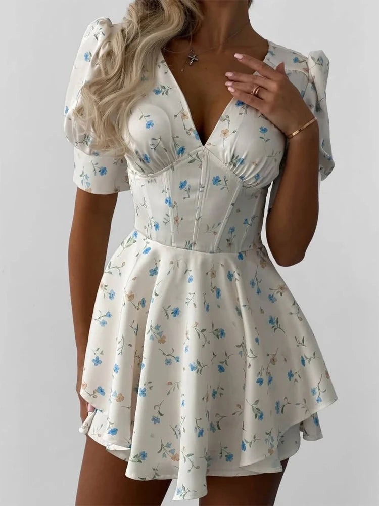 Satin Printed Mini Dress Women Elegant V Neck Puff Short Sleeve Waist-cinching A-line Dresses 2026 Summer Lady Party Robes