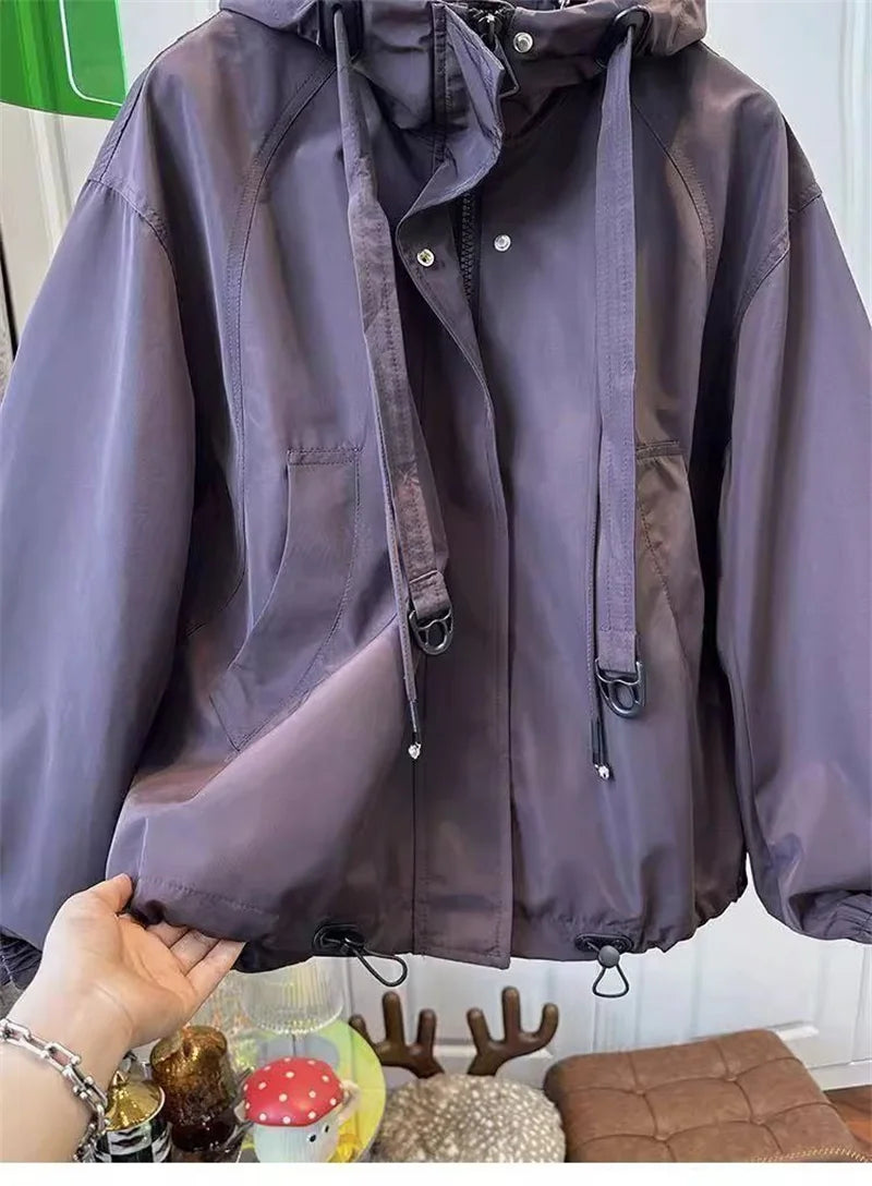 Korean Trench Coat Women 2026 Spring Autumn New Loose  Long Sleeve Casual All-Match Hooded Windbreaker Outerwear Ladies Overcoat